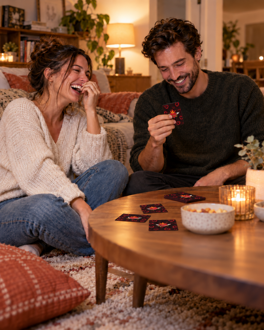 Couple laughing during a Risky Couples card game